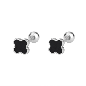 Détails des boucles d'oreilles trèfle en argent S925 avec onyx noir et fermoir à vis