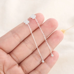 Macro shot of S925 silver four-leaf clover drop earrings with screw back closure