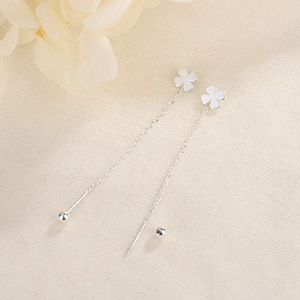 Minimalist S925 silver four-leaf clover drop earrings with long chain and ball detail
