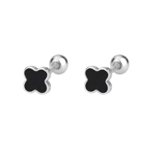 Boucles d'oreilles trèfle noir en argent S925 avec fermoir à vis style minimaliste