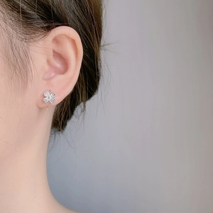 S925 sterling silver four-leaf clover drop earrings with sparkling cubic zirconia pavé