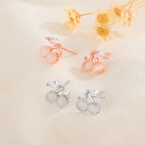 Cherry Stud Earrings Copper Cat's Eye Stone Zircon Sweet Minimalist Jewelry For Women With Silver Earring Post