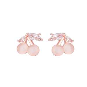 Sweet cherry stud earrings with pink cat eye stones and cubic zirconia in rose gold