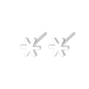 Minimalist sterling silver snowflake stud earrings with a matte metallic finish on white background
