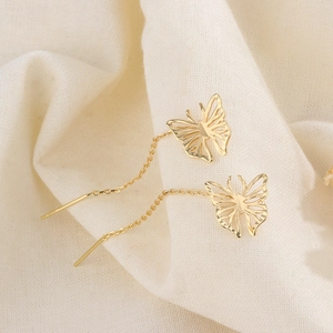 Elegant gold butterfly tassel earrings with long chain threader for women fashion