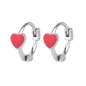 S925 sterling silver hoop earrings featuring vibrant red enamel heart charms on white background