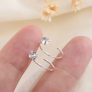 Minimalist S925 sterling silver spiral earrings with round clear zircon stones