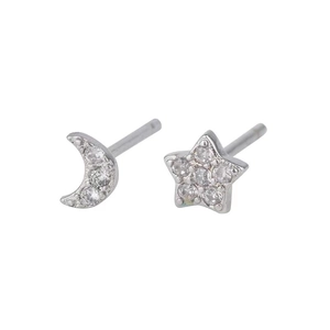 Asymmetric S925 silver moon and star stud earrings with sparkling pavé crystals