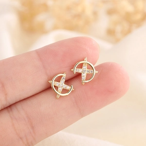 Four Pointed Starburst Stud Earrings Copper Cubic Zirconia Inlaid Crescent Moon Dainty Minimalist Elegant Jewelry Women