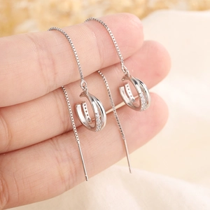 Long Tassel Threader Earrings Intertwined Double Circle Zircon Copper Jewelry With 925 Sterling Silver Earring Post Elegant Women