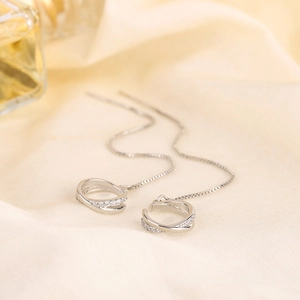 S925 sterling silver tassel threader earrings with interlocking pave zircon rings
