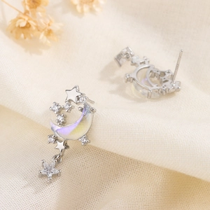 Élégantes boucles d'oreilles en argent S925 avec pampilles lune étoile et pierre