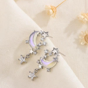 Boucles d'oreilles lune et étoile en argent S925 avec pierres aurore et zircons brillants