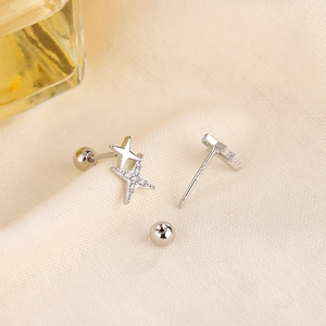 Sparkling S925 sterling silver double star stud earrings with screw back design