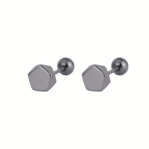 Pair of minimalist gunmetal grey hexagonal stud earrings with ball screw back design