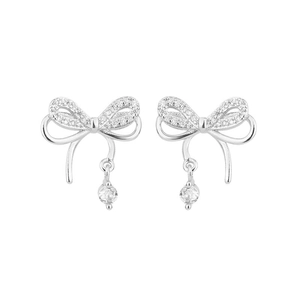 Elegant S925 silver double-layered bow earrings with shimmering zircon drop accents