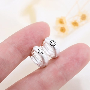 Minimalist S925 sterling silver frosted smiley face hoop earrings with brushed texture