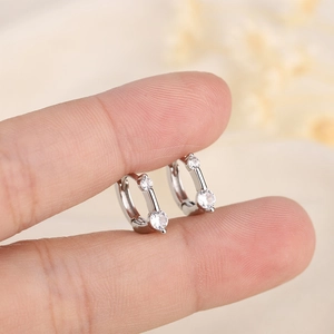 Minimalist S925 sterling silver hoop earrings with two sparkling round zircon stones
