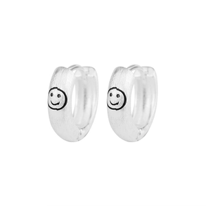 Brushed S925 sterling silver huggie earrings with black smiley face patterns for women