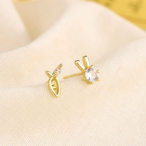 Bunny Rabbit And Carrot Asymmetric Stud Earrings Copper Gold Plated Cubic Zirconia Cute Fresh Style Jewelry For Women
