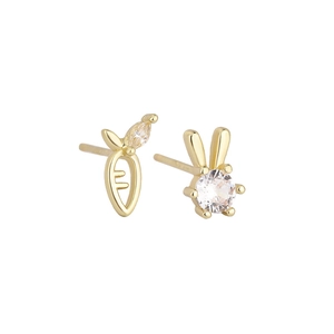 Asymmetric gold rabbit and carrot stud earrings with sparkling round and marquise diamonds