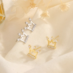 Boucles D'Oreilles Puces Couronne Délicates Cuivre Avec Zircon Strass Style Doux Coréen Pour Femme Quotidien