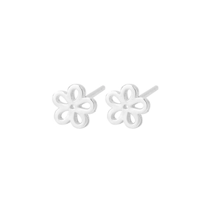 Macro shot of minimalist hollow flower stud earrings in polished S925 sterling silver