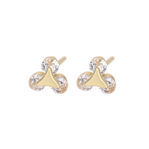 Detail of gold stud earrings featuring a triangular metal plate and three clear zircons