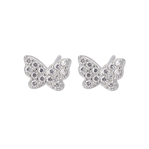Detailed close-up of S925 silver butterfly stud earrings with sparkling pavé zircons