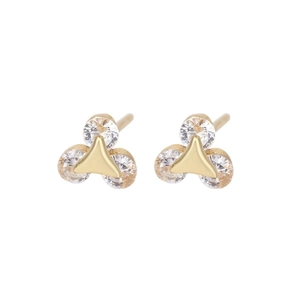 Minimalist gold stud earrings featuring three sparkling round zircons in a geometric design