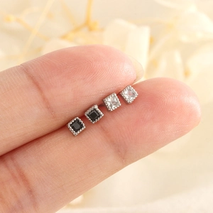 Vintage Square Zirconia Stud Earrings With 925 Sterling Silver Earring Post For Women Elegant Geometric Black White Mini Ear Jewelry