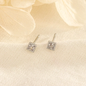 Minimalist S925 sterling silver square stud earrings with shimmering zircon and milgrain detail