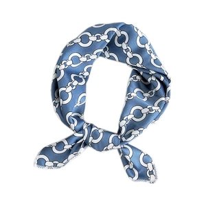 Elegant blue silk scarf with white chain pattern on white background for women