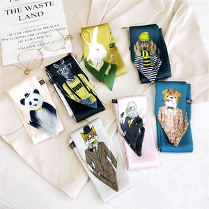Fashion Narrow Long Scarf For Women Satin Polyester Anthropomorphic Animal Print Cartoon Necktie Bag Handle Accessory