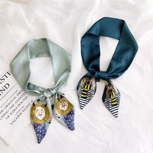 Cartoon animal print skinny silk scarf in light green and deep blue for women