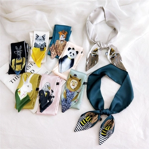 Cartoon animal print silk scarves in various colors with artistic animal illustrations