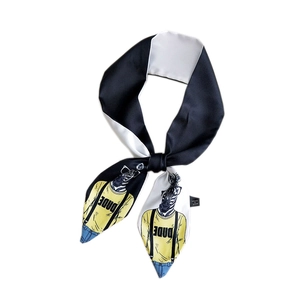 Chic skinny silk scarf featuring cool zebra illustration with black and white contrast