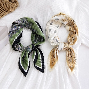 Pleated paisley small square silk scarves for women with vintage patterns and green tones