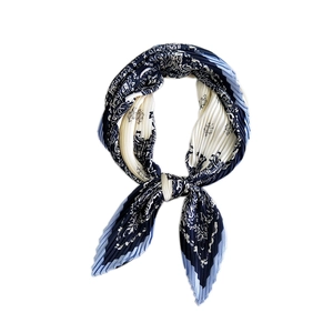 Pleated paisley square scarf in navy and light blue with elegant accordion texture