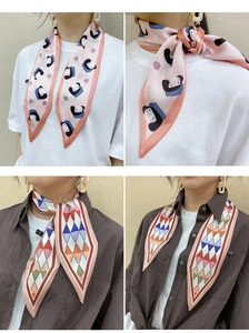 Detail of Korean style narrow silk scarves with pink portrait and geometric pattern prints