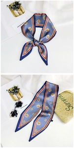 Blue daisy print satin scarf with striped borders and pointed ends for bag or hair