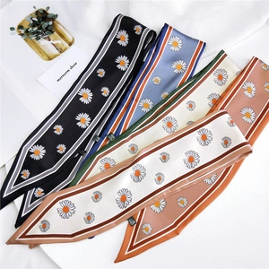 Set of five elegant daisy print skinny silk scarves in various colors for women