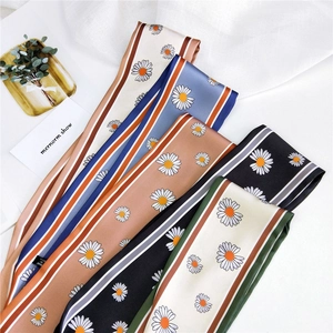Chic daisy print skinny silk scarf for hair or neck in cream, blue, and black