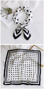 French style square silk scarf featuring black polka dots and striped borders on white