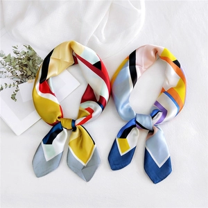 70cm geometric silk-like square scarf featuring bold color blocking for women's styling