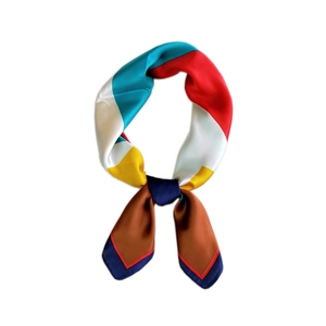 70cm geometric silk scarf with colorful block patterns and navy trim for women