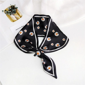 Elegant black silk scarf with white daisy floral print and double stripe borders