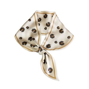 Elegant ivory silk neckerchief with black daisy floral pattern and gold border