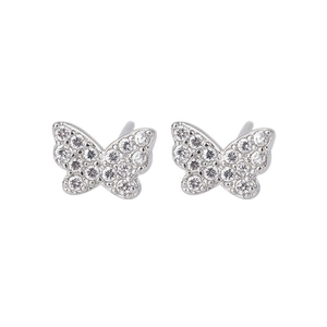 S925 silver butterfly stud earrings with sparkling pavé cubic zirconia butterfly