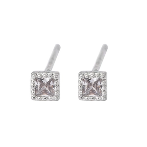 Minimalist S925 sterling silver square stud earrings with pink cubic zirconia